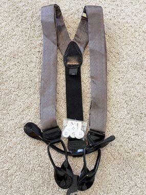 Mens Gray Suspenders Silk Button End Braces Black Leather Formal Wedding Prom